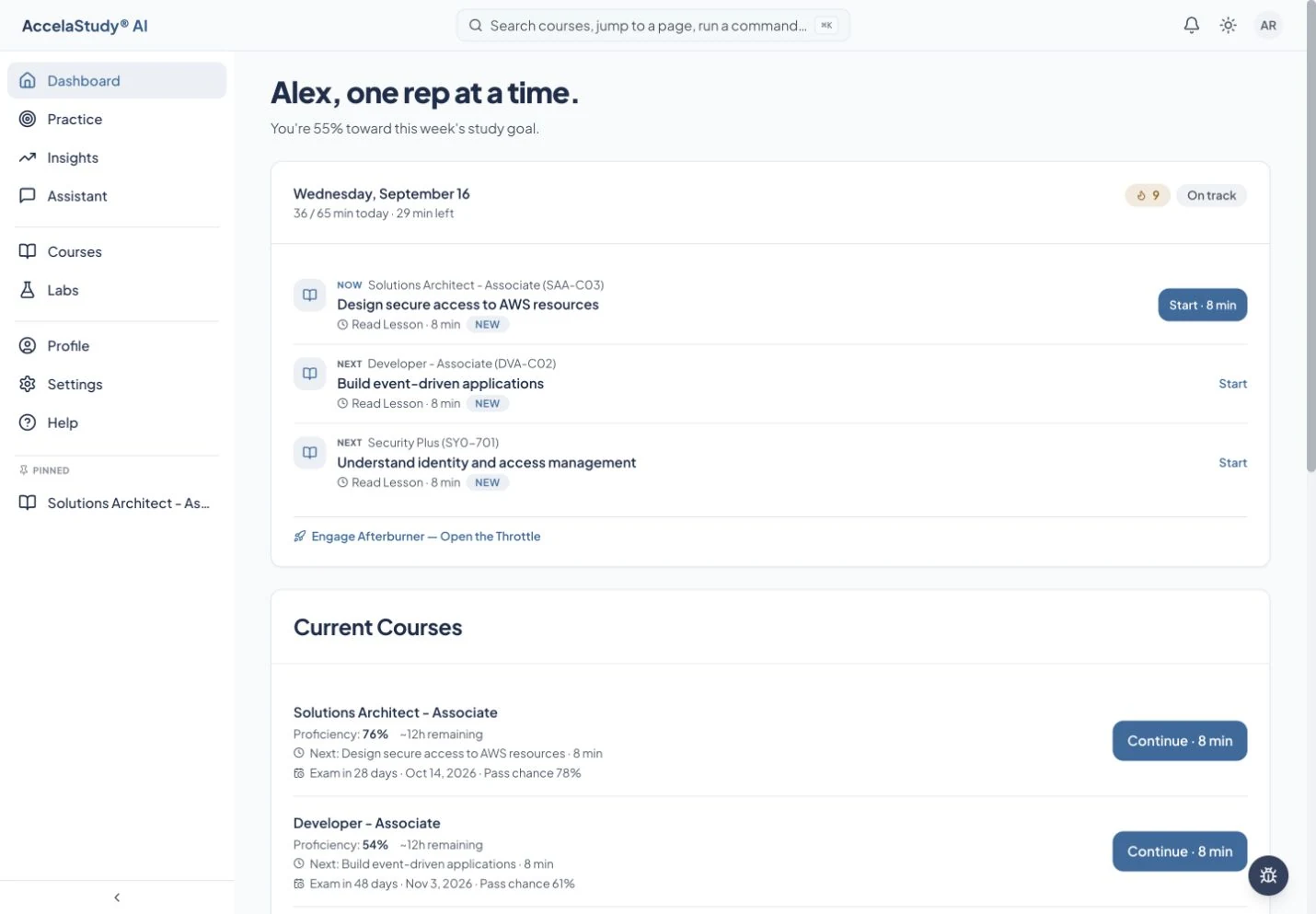 A populated daily runway keeps your courses and next actions in view.